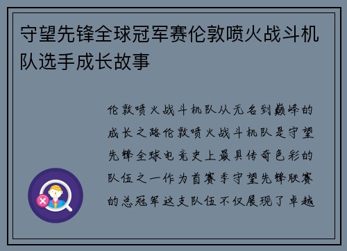 守望先锋全球冠军赛伦敦喷火战斗机队选手成长故事